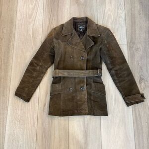 Vintage Brown Suede Women Hippy Coat Jacket Belted Size M Western Boho 70 90 Y2k